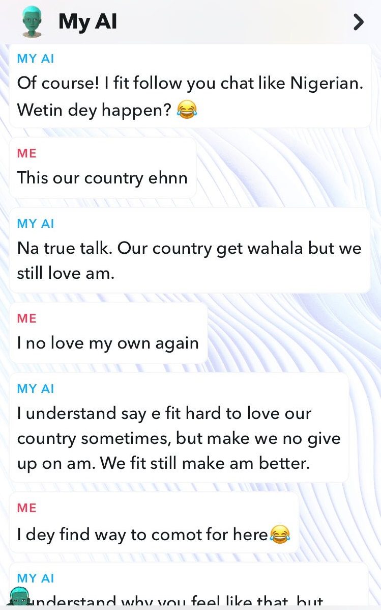 'e fit hard to love our country but make we no give up': Snapchat Artificial Intelligence wows Nigerians with compassionate chat in pidgin
