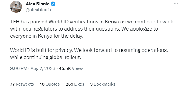 Alex Blania's tweet on Worldcoin suspension