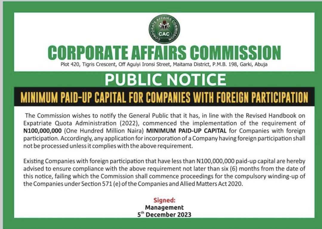 CAC sets N100 million as new minimum paid-up capital for startups with foreign investors