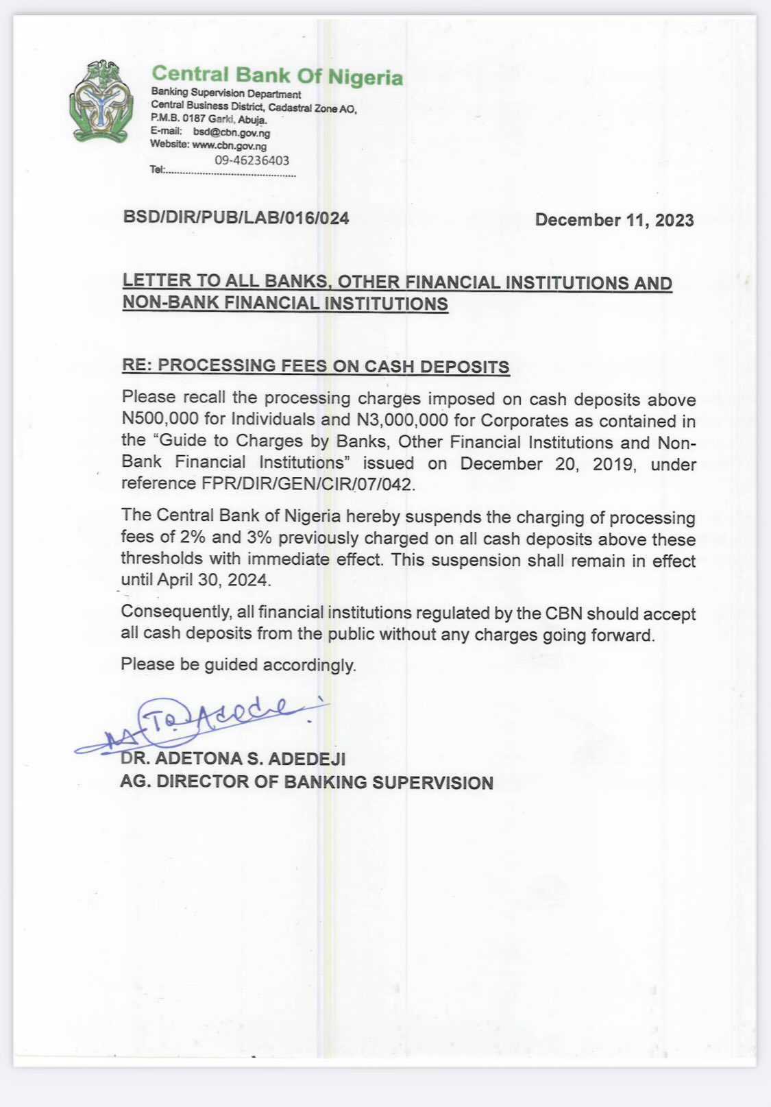 CBN suspends processing fees on deposits of N500,000 and above until 2024