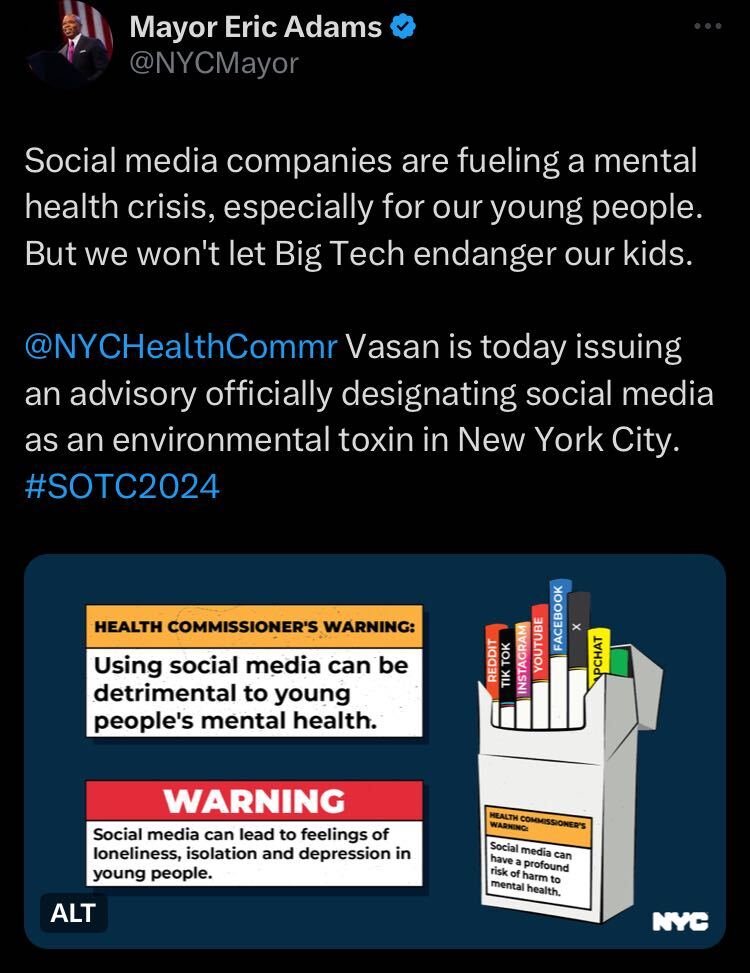 Social media is a public health hazard fueling a mental health crisis- New York City mayor