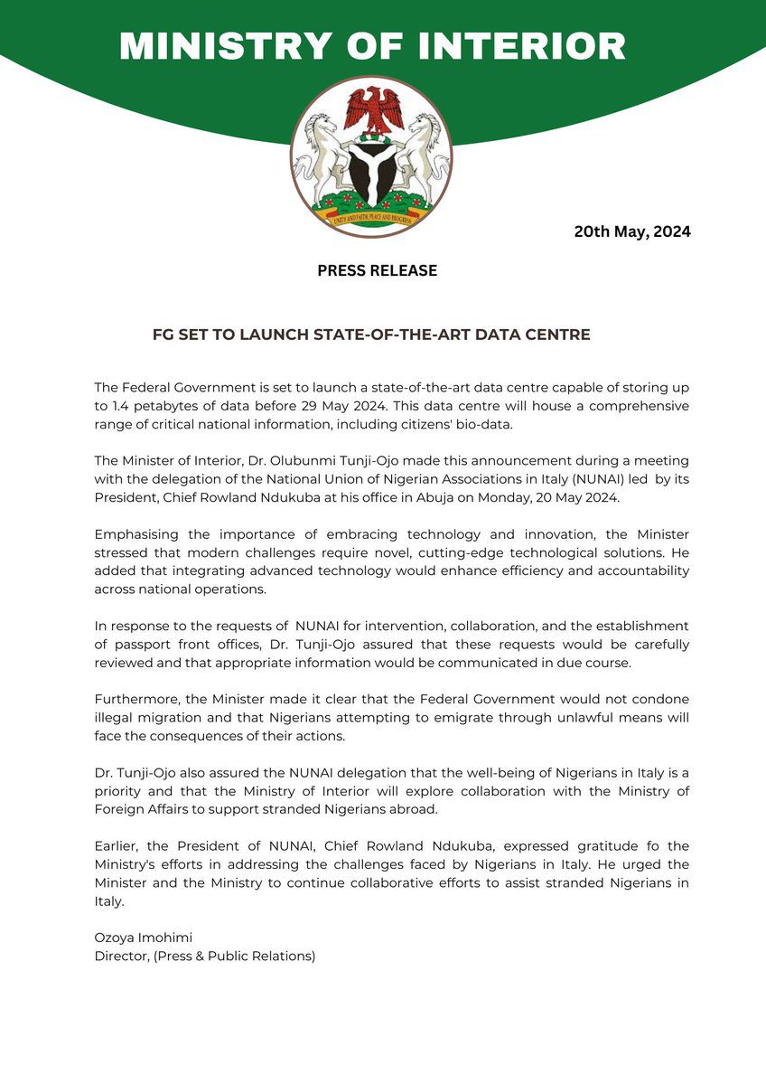 Nigerian Government to launch 1.4 petabytes data centre in May