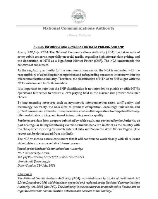 Ghana responds to public concerns on data pricing and MTN’s SMP status