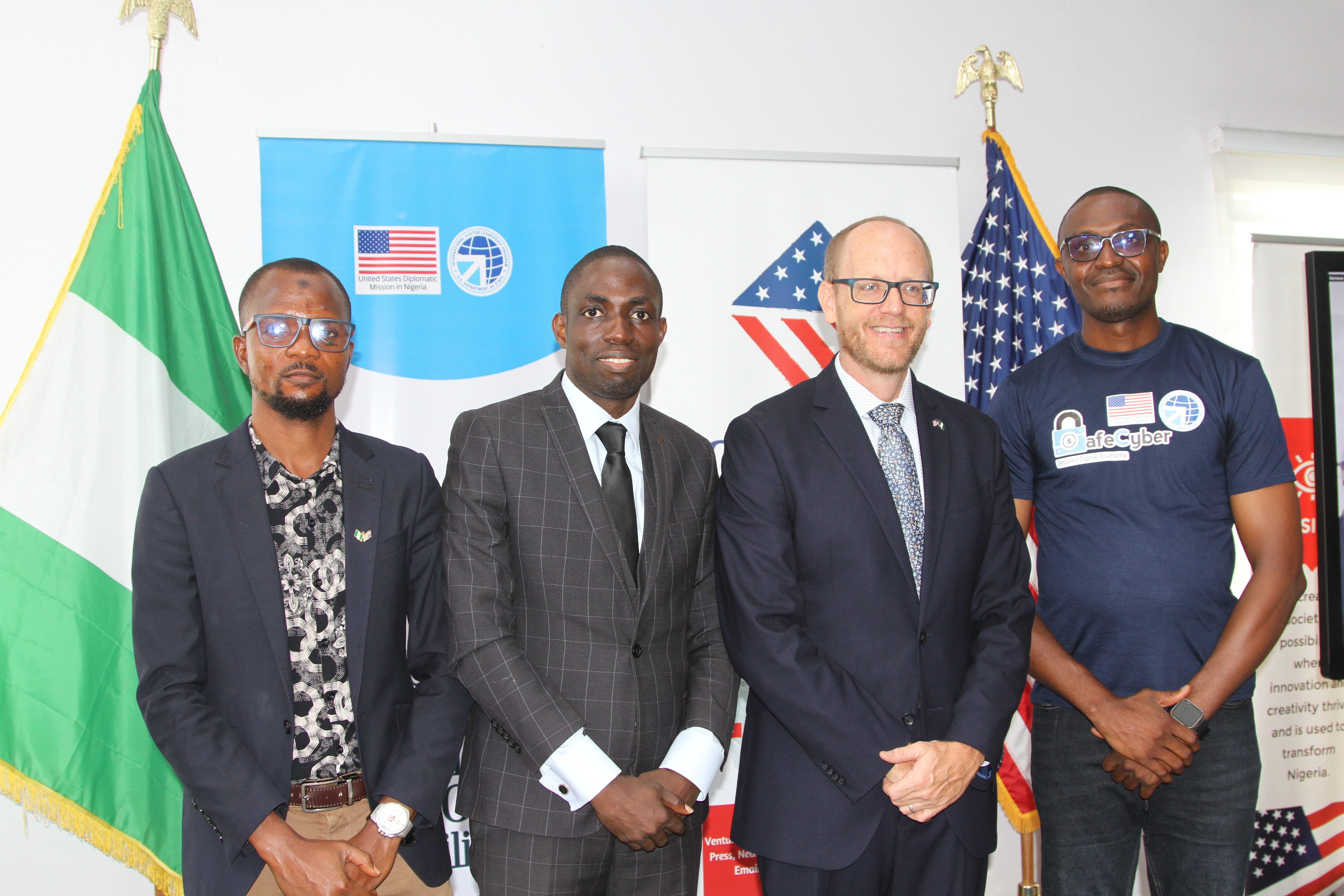 L-R: Adeniyi Ogunbanjo, acting director, American Corner, Ikeja; Founder, Opex Consulting, Musibau Lasisi; U.S. Consul General, Will Stevens; Osazee Isonarae