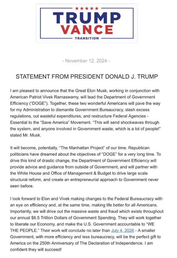 A statement released by Trump on DOGE establishment