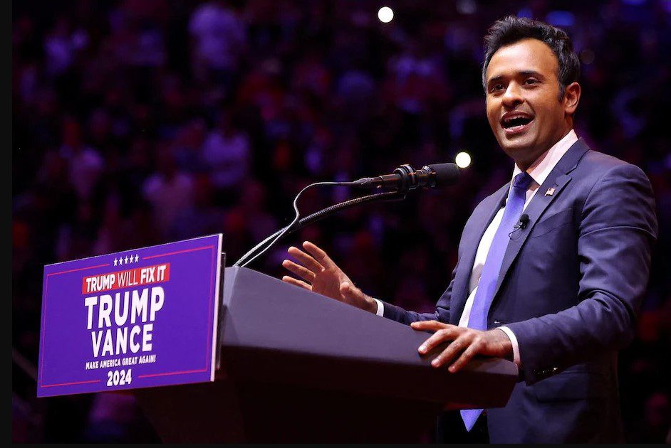 Vivek Ramaswamy speaks during a rally for Republican presidential nominee and former U.S. President Donald Trump, at Madison Square Garden, in New York City, U.S. October 27, 2024. REUTERS/Carlos Barria/File Photo/File Photo