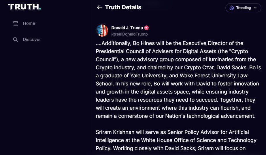 Donald Trump's appointment of executive role to Crypto council