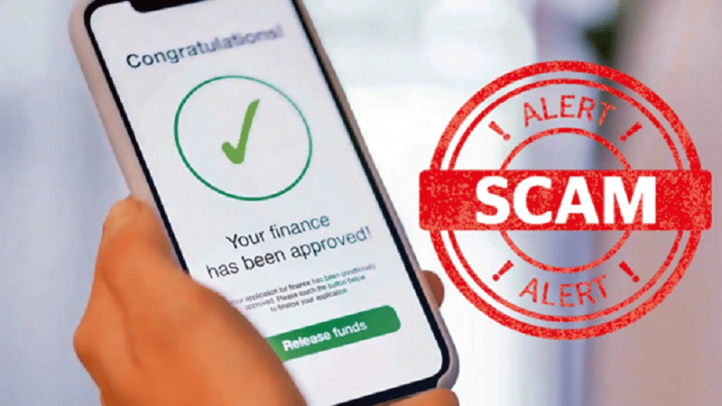 Alt text: A mobile screen showing a loan approval notification and a scam alert stamp on a side.