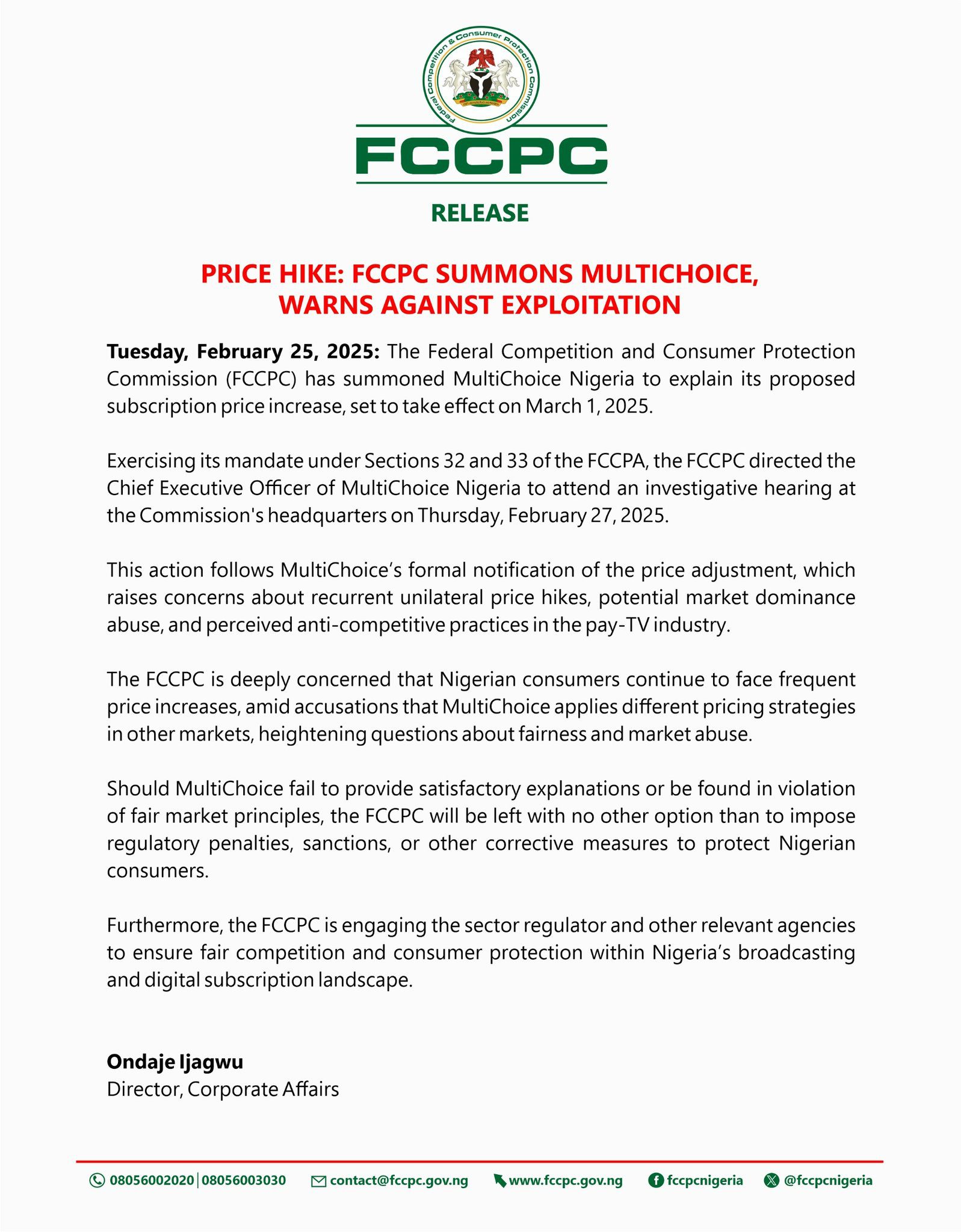 FCCPC summons Multichoice over 21% subscription hike plan