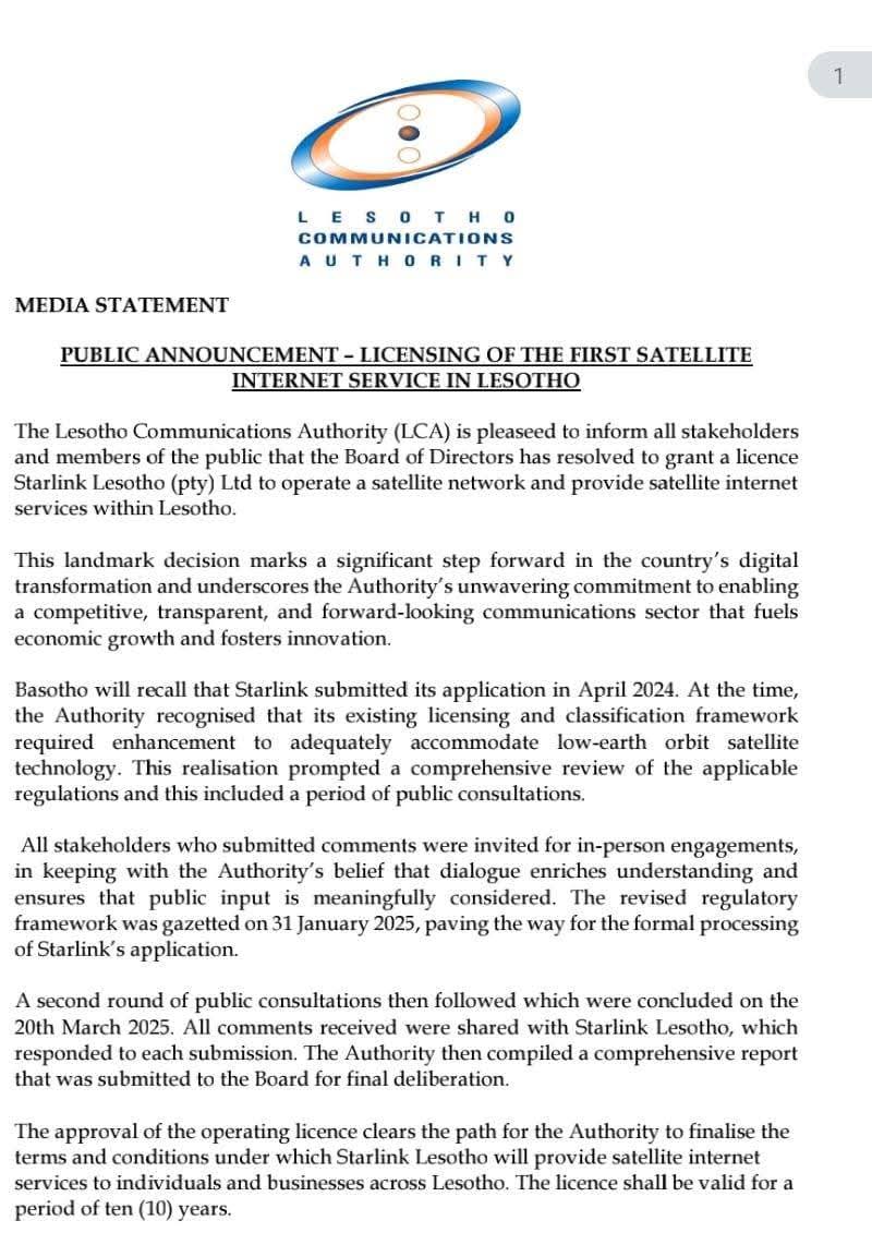 Starlink secures a licence to operate in Lesotho