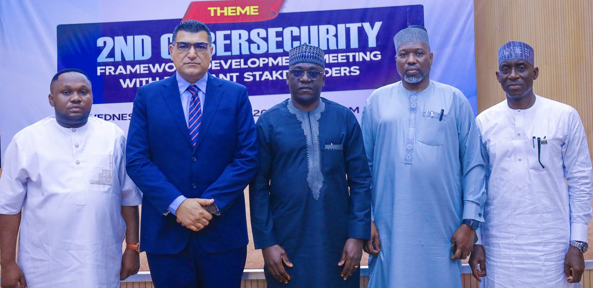 L-R: President, International Youth Parliament, Hon. Promise Digos; Chief Executive Officer, Megamore Wireless Limited, Amin Dayekh; Executive Commissioner, Technical Services, Nigerian Communications Commission (NCC), Abraham Oshadami; Head, Cybersecurity and Internet Governance Department, NCC, Babagana Digima; Chief Executive Officer, Cybernover, Dr. Kazeem Durodoye at the 2nd Cyber Security Stakeholder Workshop Hosted by the Nigerian Communications Commission in Abuja on Wednesday (27th August 2025)