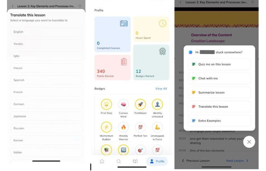 Learning dashboard showing earning points