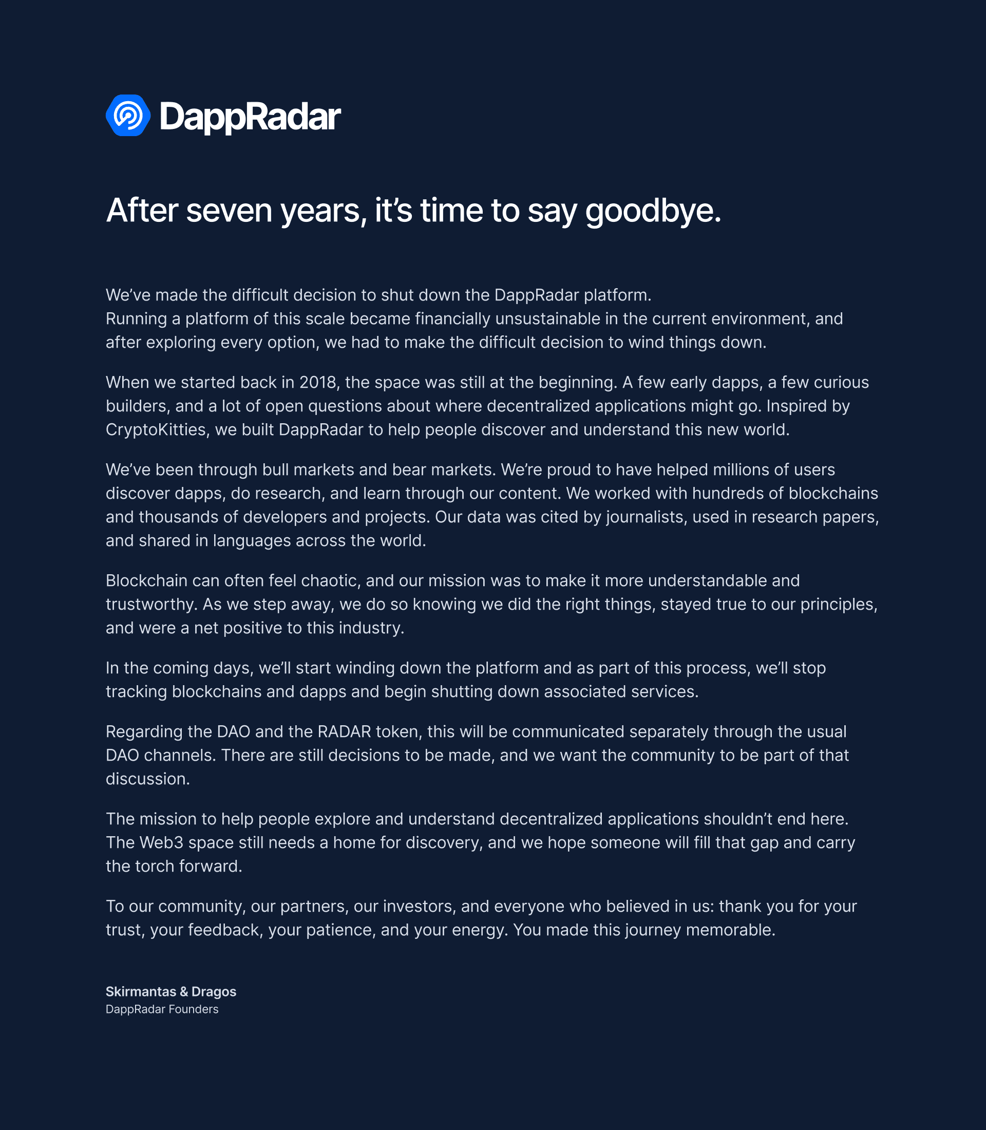 DappRadar, a pioneer in Web3 analytics, shuts down after seven years