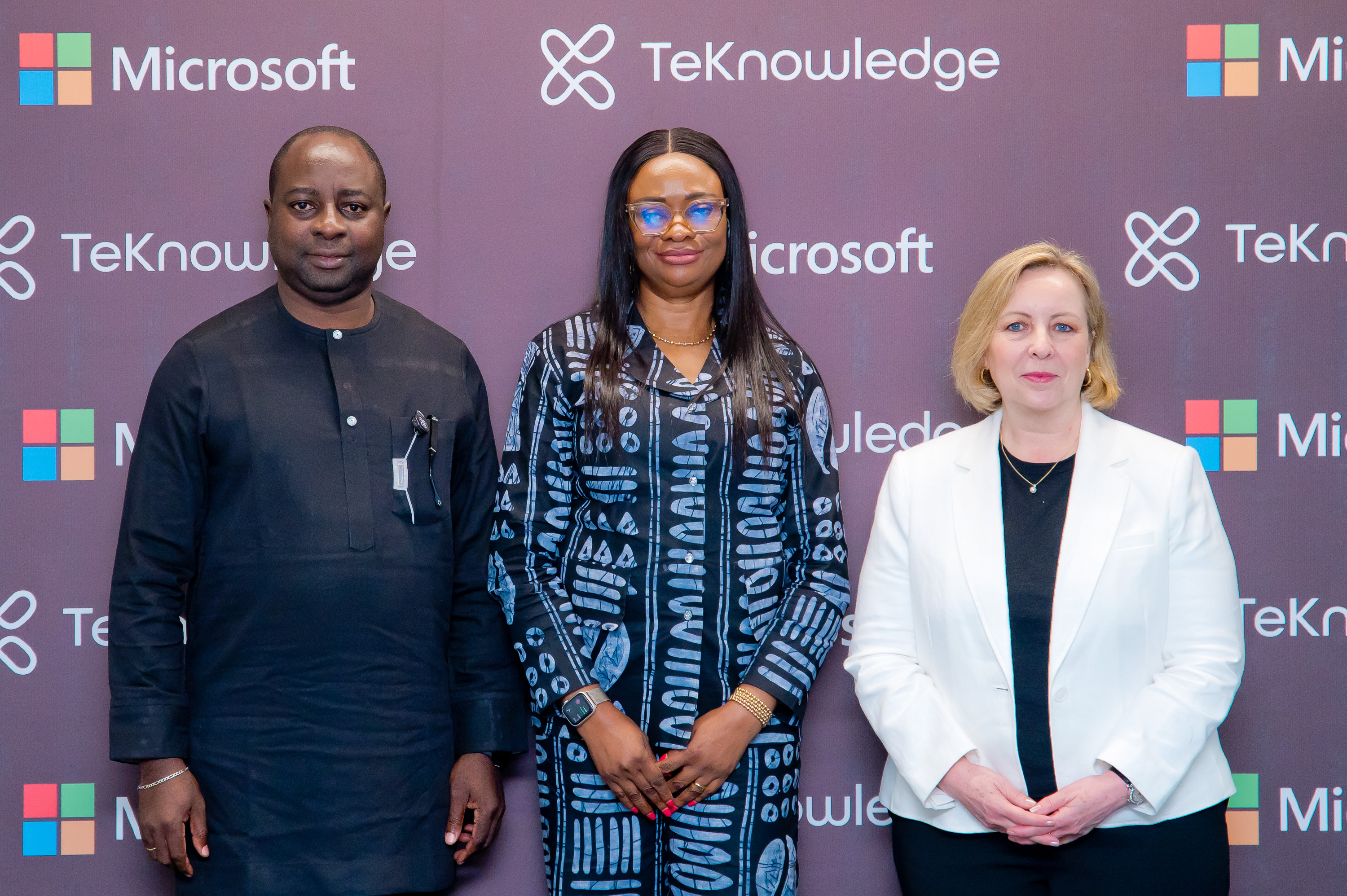 L-R: Olugbolahan Olusanya, Territory Director for Africa, TeKnowledge; Olatomiwa Williams, Chief Growth and AI Officer, Microsoft Middle East and Africa; and Aileen Allkins, CEO & President, TeKnowledge at the press conference to announce TeKnowledge’s expanded role as a delivery partner for Phase 2 of Microsoft’s AI National Skilling Initiative in Nigeria