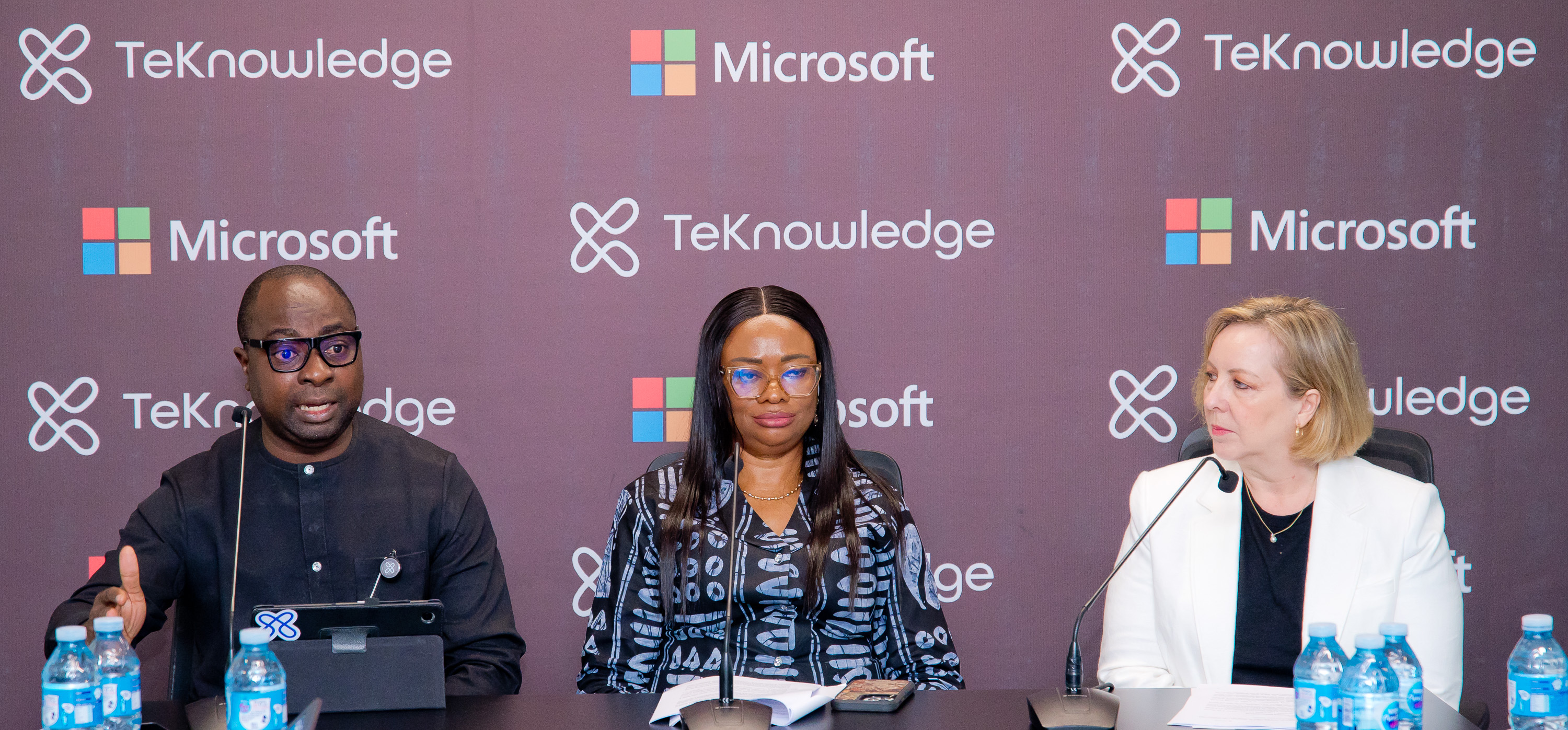 L-R: Olugbolahan Olusanya, Territory Director for Africa, TeKnowledge; Olatomiwa Williams, Chief Growth and AI Officer, Microsoft Middle East and Africa; and Aileen Allkins, CEO & President, TeKnowledge at the press conference to announce TeKnowledge’s expanded role as a delivery partner for Phase 2 of Microsoft’s AI National Skilling Initiative in Nigeria