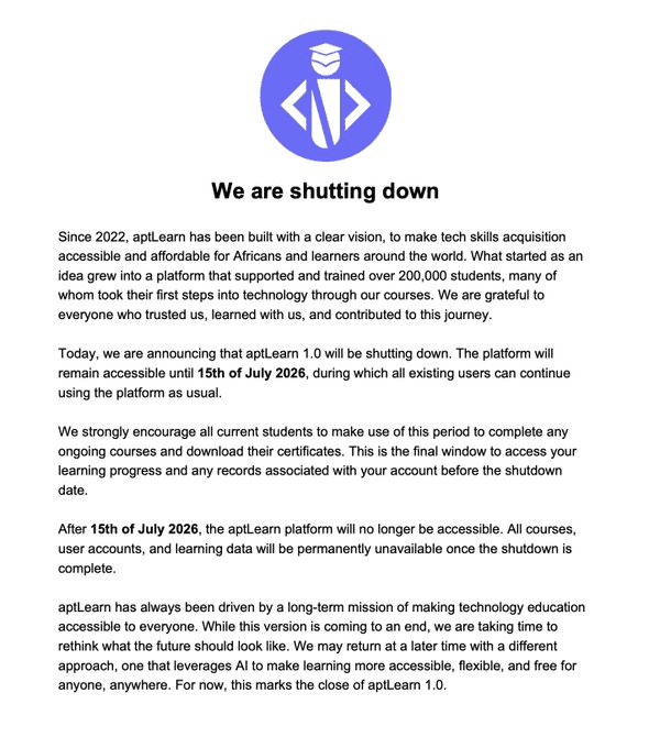 Nigerian edtech platform aptLearn shuts down after 4 years, to focus on strategic reset and AI pivot
